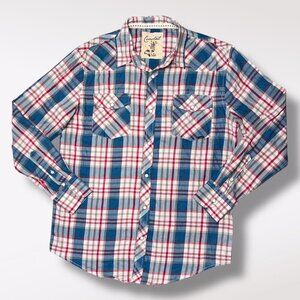 Men’s Snap Western Plaid Shirt Blue Red White Size Large